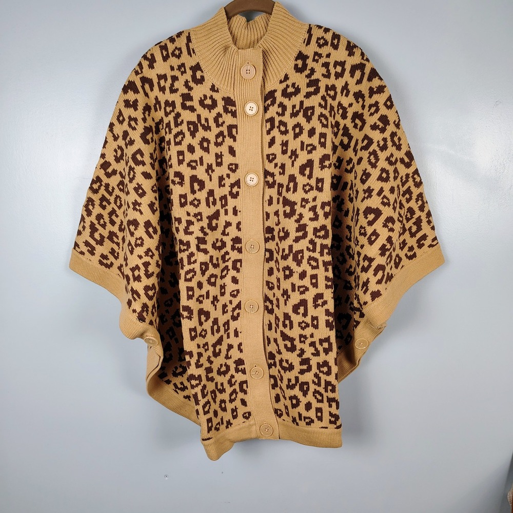 Denim & Co. Womens 1X Leopard Print Button Front Poncho Sweater Tan Cotton Blend